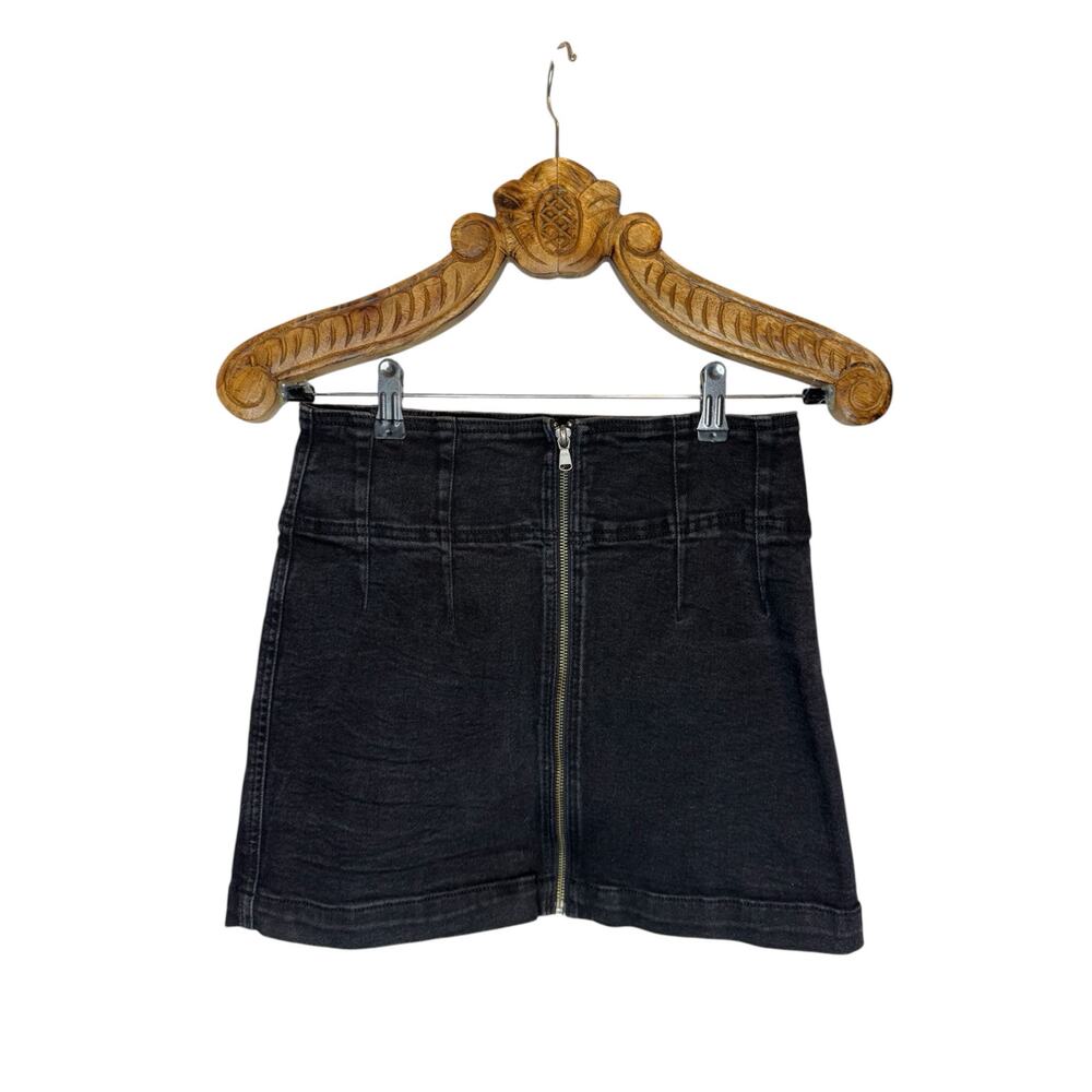 Free People We the Free Black Denim Mini Skirt Front Zip A Line Stretch 30